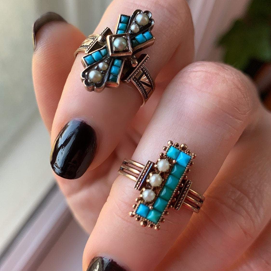 Antique Turquoise &amp; Pearl Ring | 14k Gold Ring - Trademark Antiques