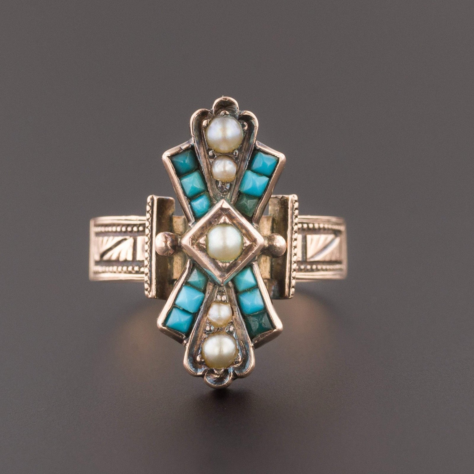 Antique Turquoise & Pearl Ring | 14k Gold Ring - Trademark Antiques