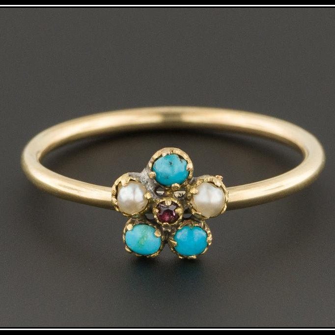 Antique Turquoise & Pearl Ring | Antique Stick Pin Ring - Trademark Antiques