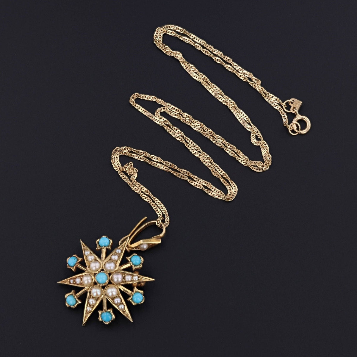 Antique Turquoise &amp; Pearl Star Brooch or Pendant | 14k Gold Pendant on Optional 14k Chain - Trademark Antiques