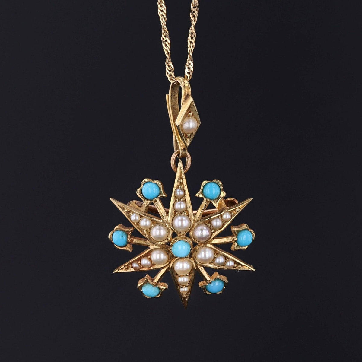 Antique Turquoise &amp; Pearl Star Brooch or Pendant | 14k Gold Pendant on Optional 14k Chain - Trademark Antiques