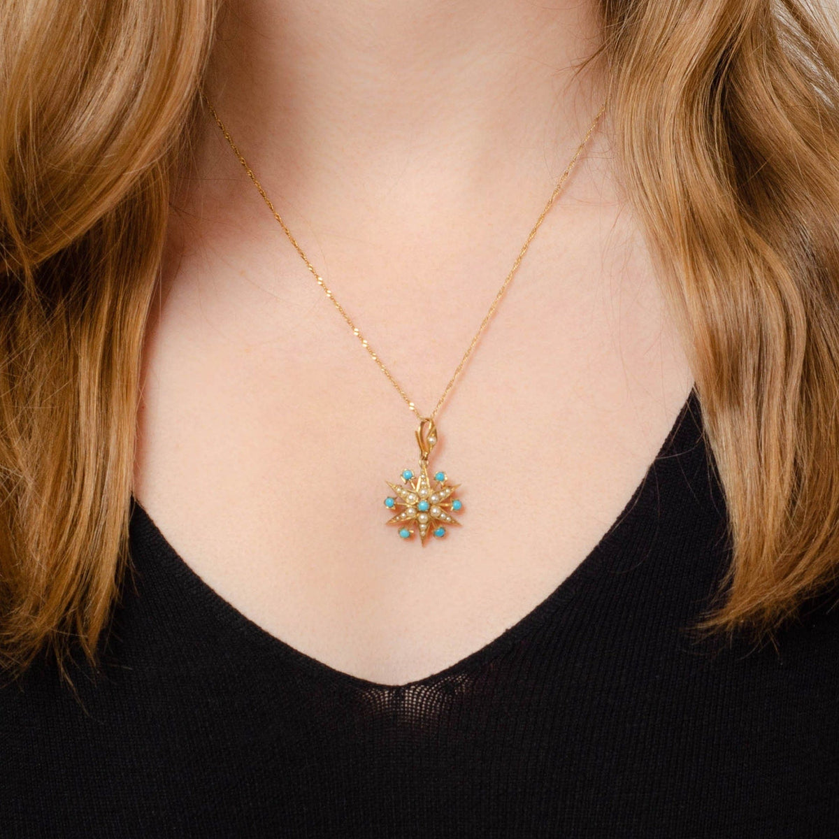 Antique Turquoise &amp; Pearl Star Brooch or Pendant | 14k Gold Pendant on Optional 14k Chain - Trademark Antiques