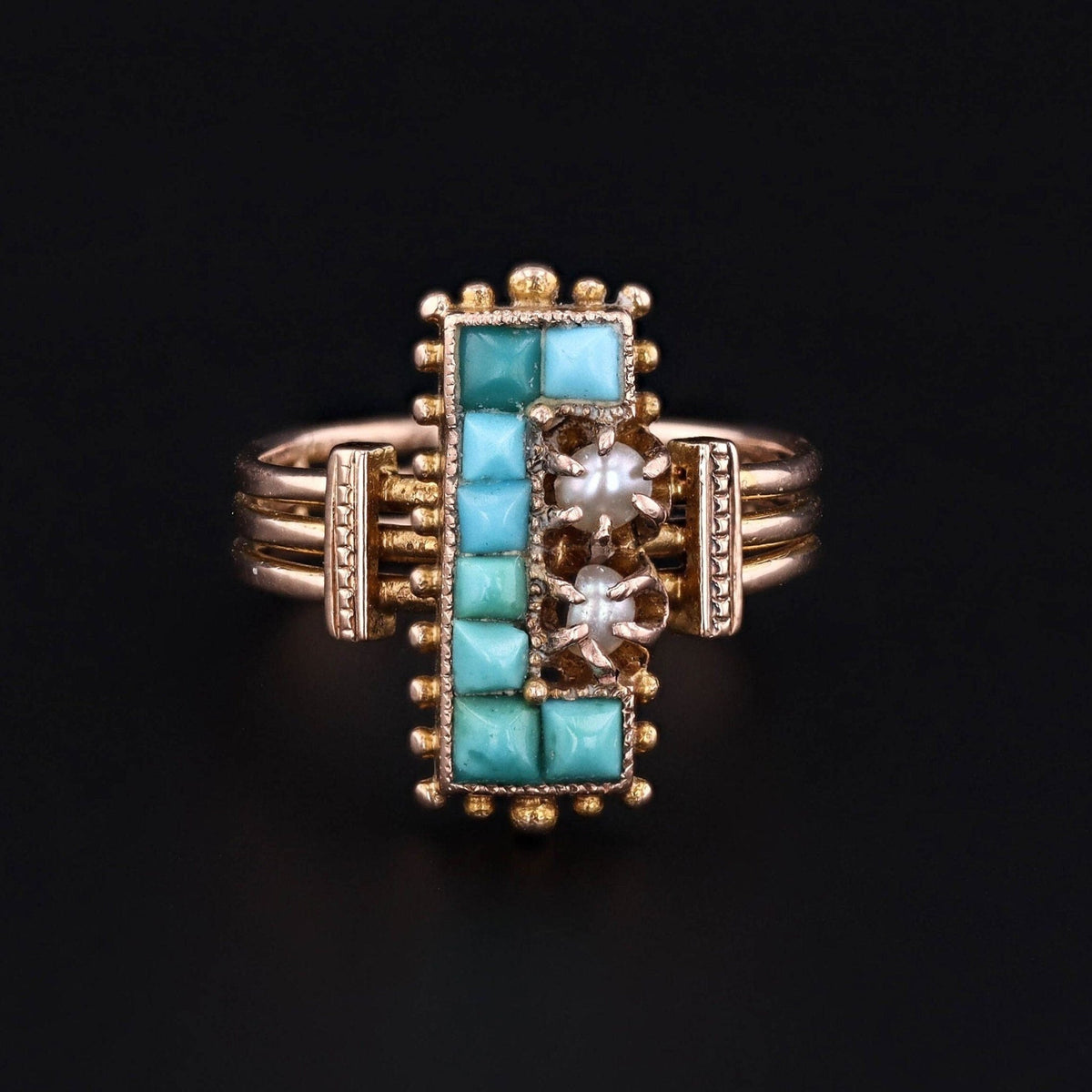 Antique Turquoise Ring | 14k Gold, Turquoise &amp; Pearl Ring - Trademark Antiques