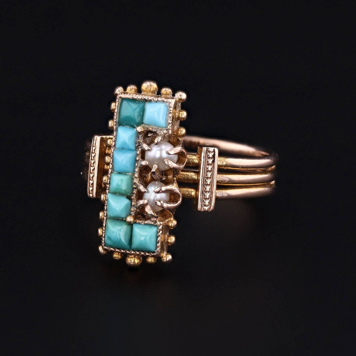 Antique Turquoise Ring | 14k Gold, Turquoise &amp; Pearl Ring - Trademark Antiques