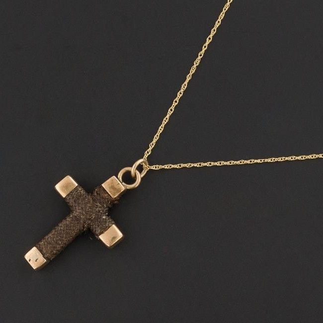 Antique Victorian Cross Pendant Necklace | Antique 10k Gold Cross of Woven Hair - Trademark Antiques