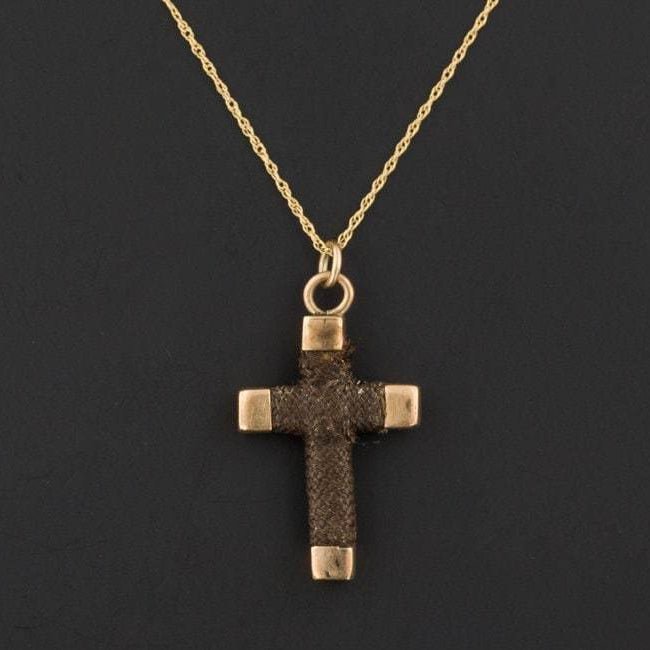 Antique Victorian Cross Pendant Necklace | Antique 10k Gold Cross of Woven Hair - Trademark Antiques