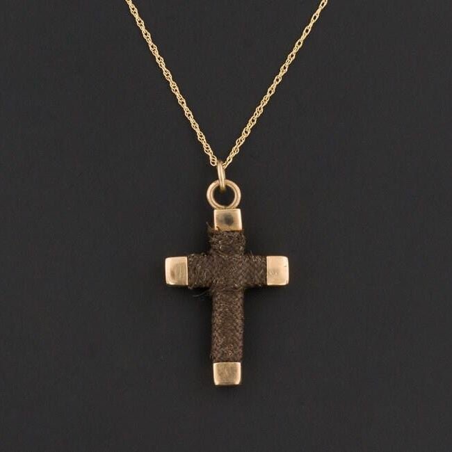 Antique Victorian Cross Pendant Necklace | Antique 10k Gold Cross of Woven Hair - Trademark Antiques