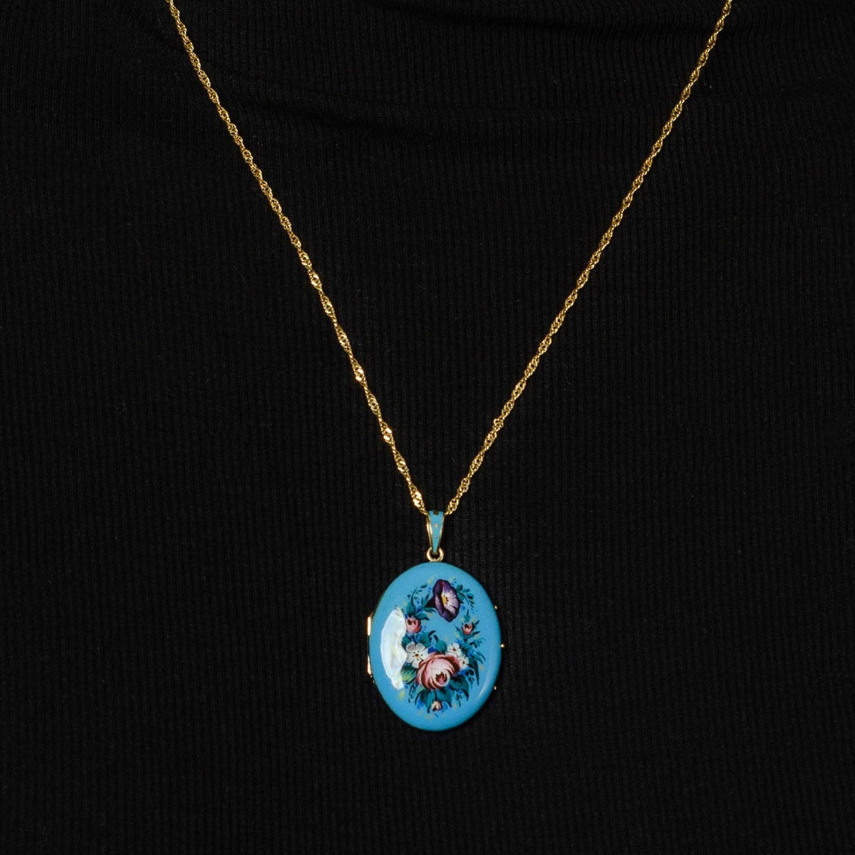 Antique Victorian Locket | Blue Enamel Flower Locket - Trademark Antiques