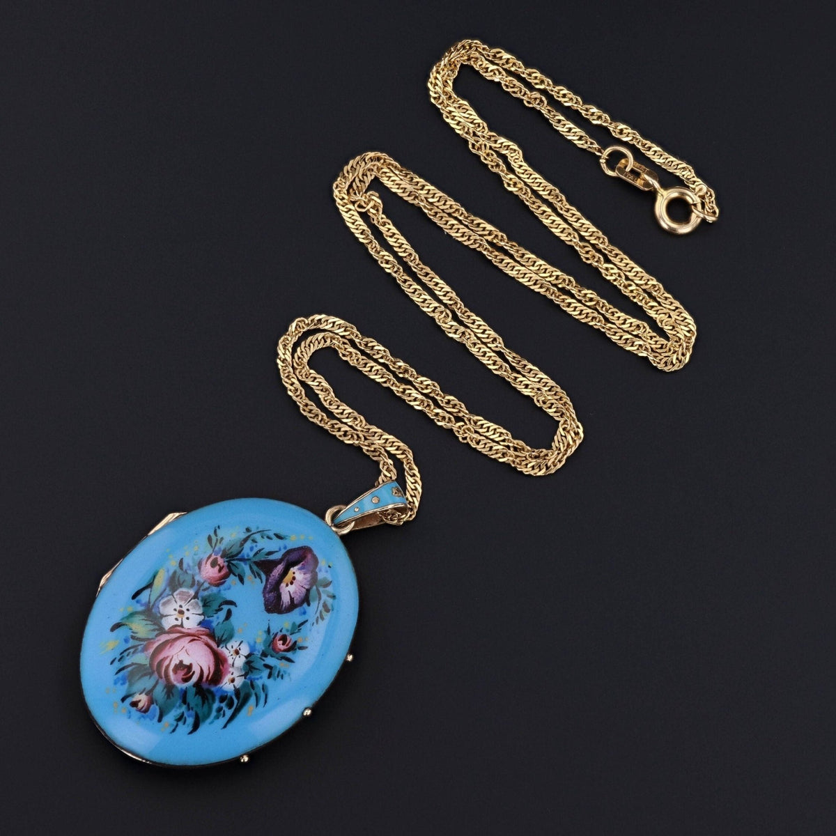 Antique Victorian Locket | Blue Enamel Flower Locket - Trademark Antiques