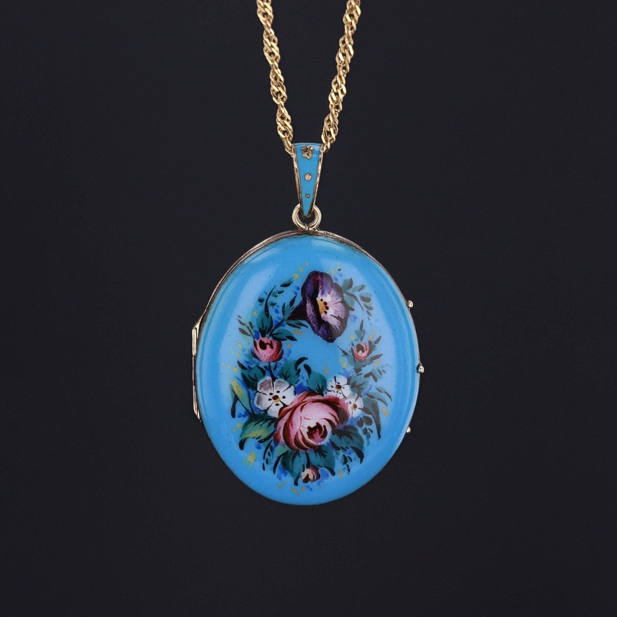 Antique Victorian Locket | Blue Enamel Flower Locket - Trademark Antiques