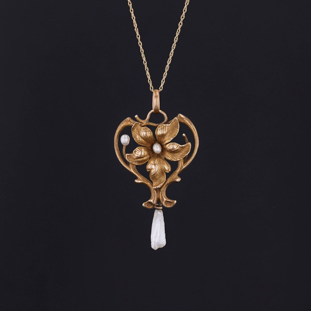 Antique Violet Pendant | 14k Gold &amp; Pearl Pendant on Optional 10k Chain - Trademark Antiques