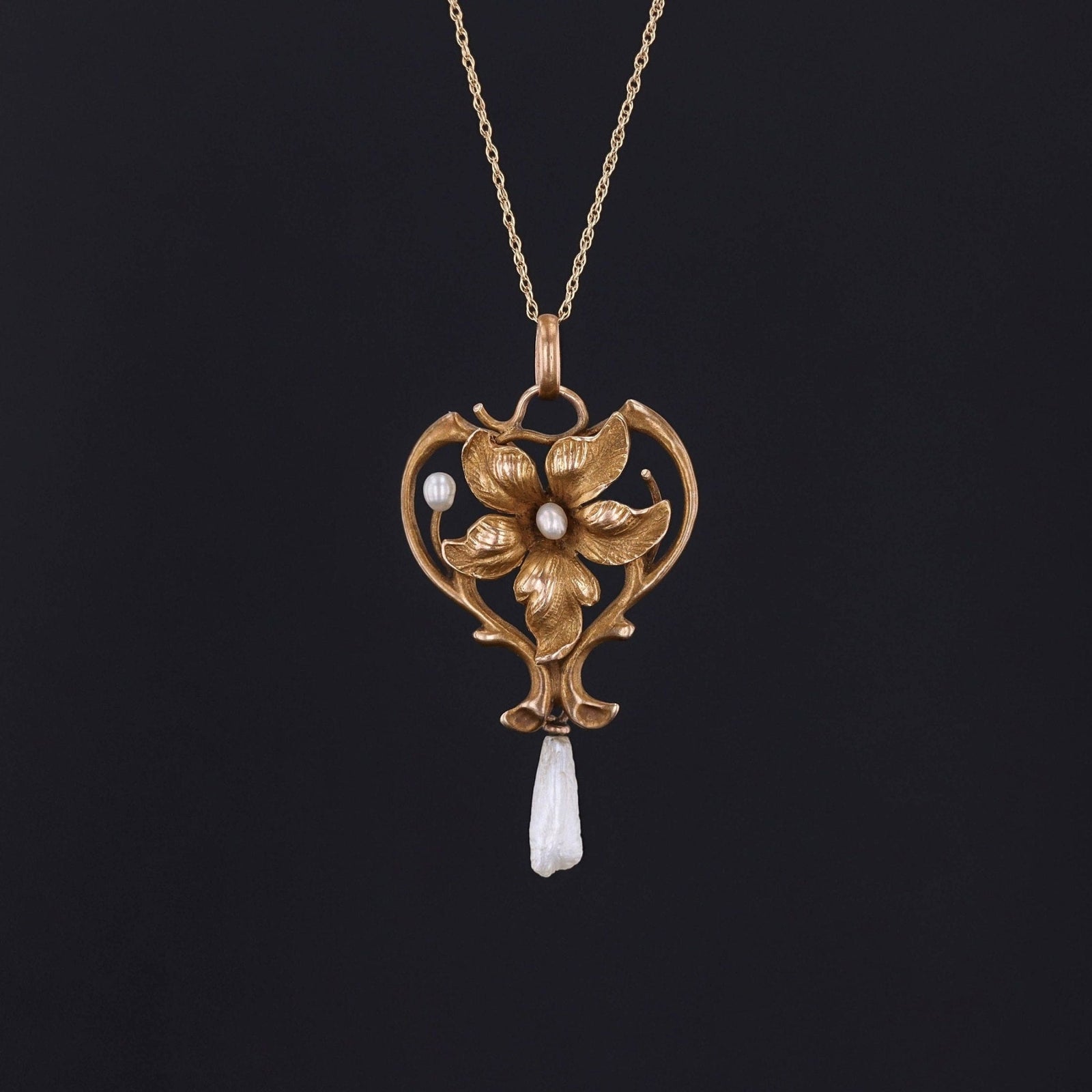 Antique Violet Pendant | 14k Gold & Pearl Pendant on Optional 10k Chain - Trademark Antiques