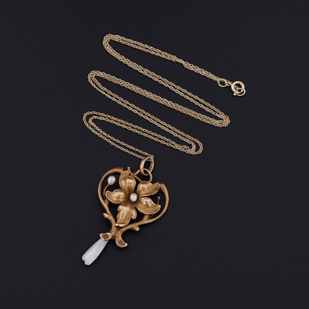 Antique Violet Pendant | 14k Gold &amp; Pearl Pendant on Optional 10k Chain - Trademark Antiques