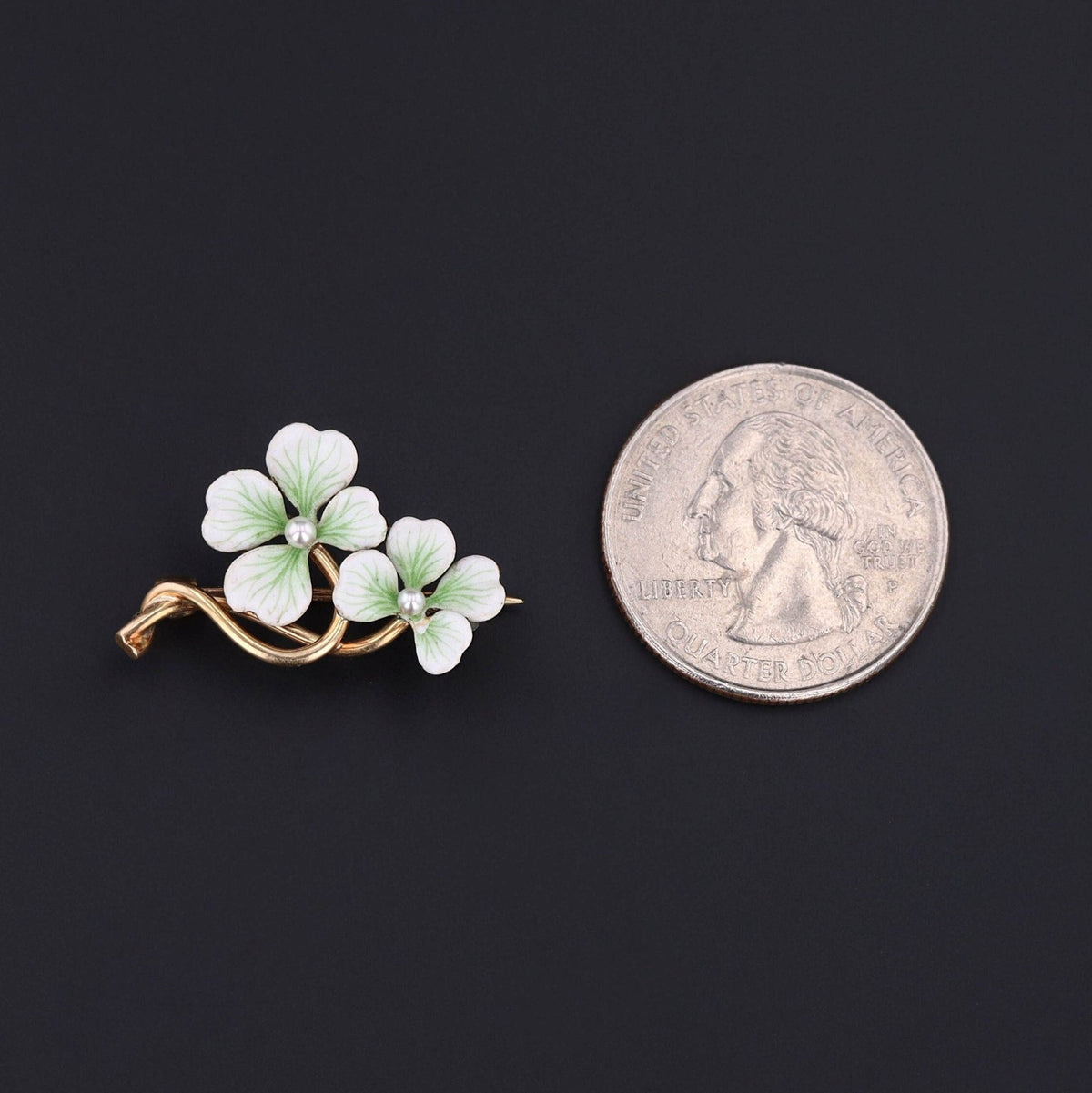 Antique White Enamel Clover Brooch of 14k Gold - Trademark Antiques