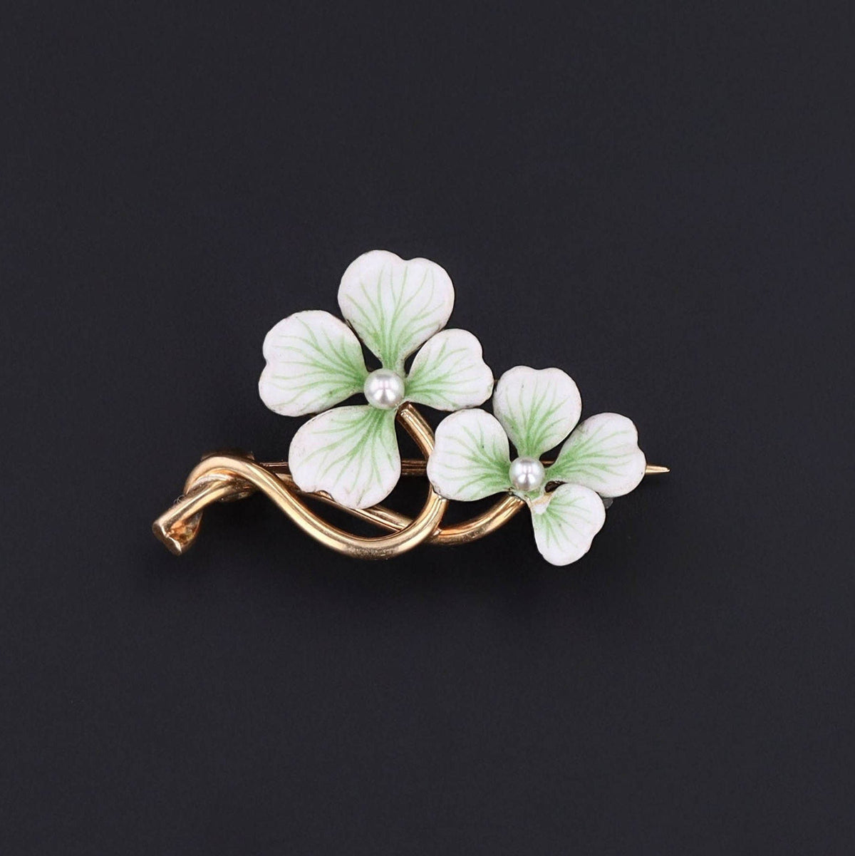 Antique White Enamel Clover Brooch of 14k Gold - Trademark Antiques