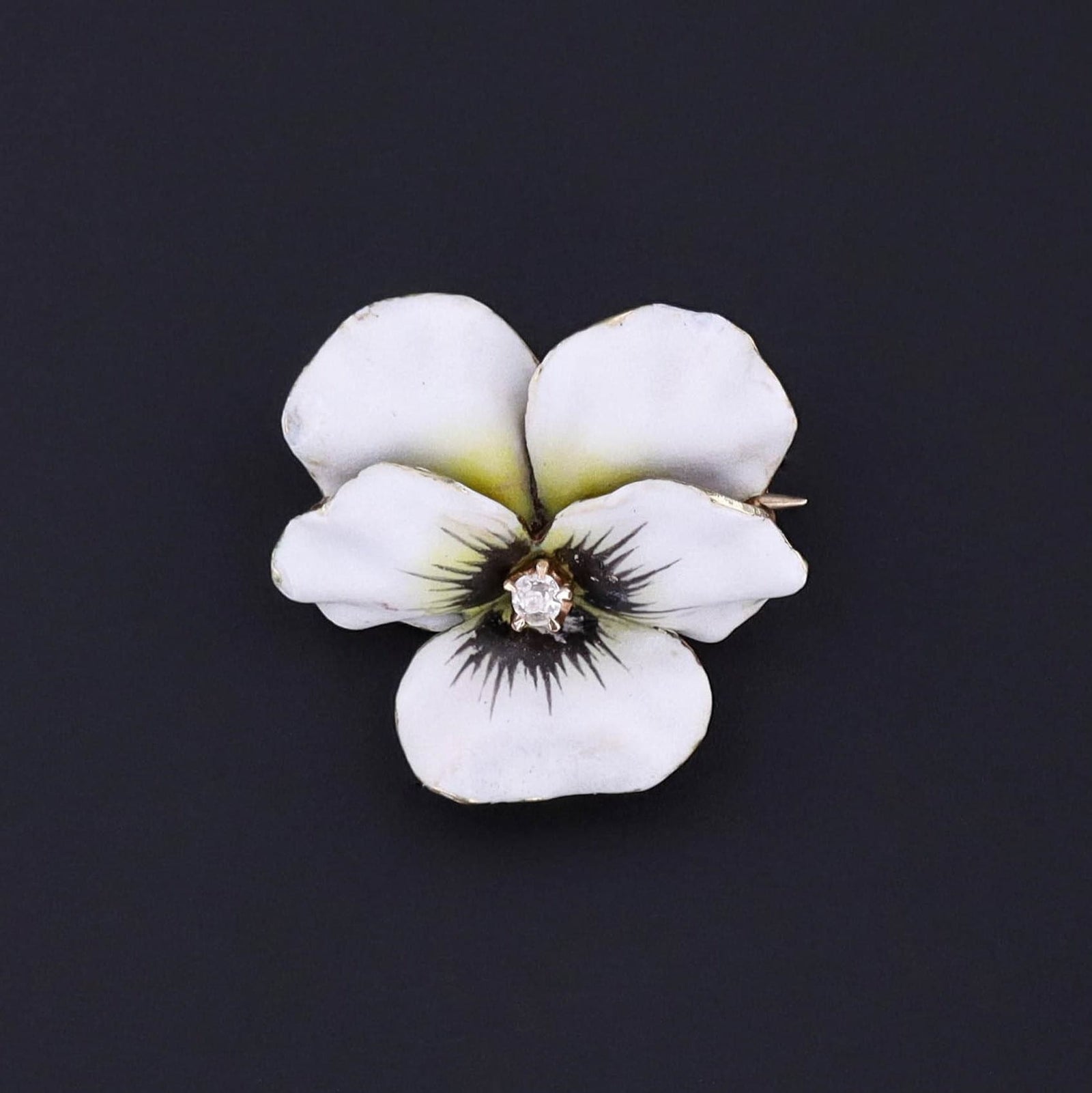 Antique White Enamel Pansy Brooch of 14k Gold - Trademark Antiques
