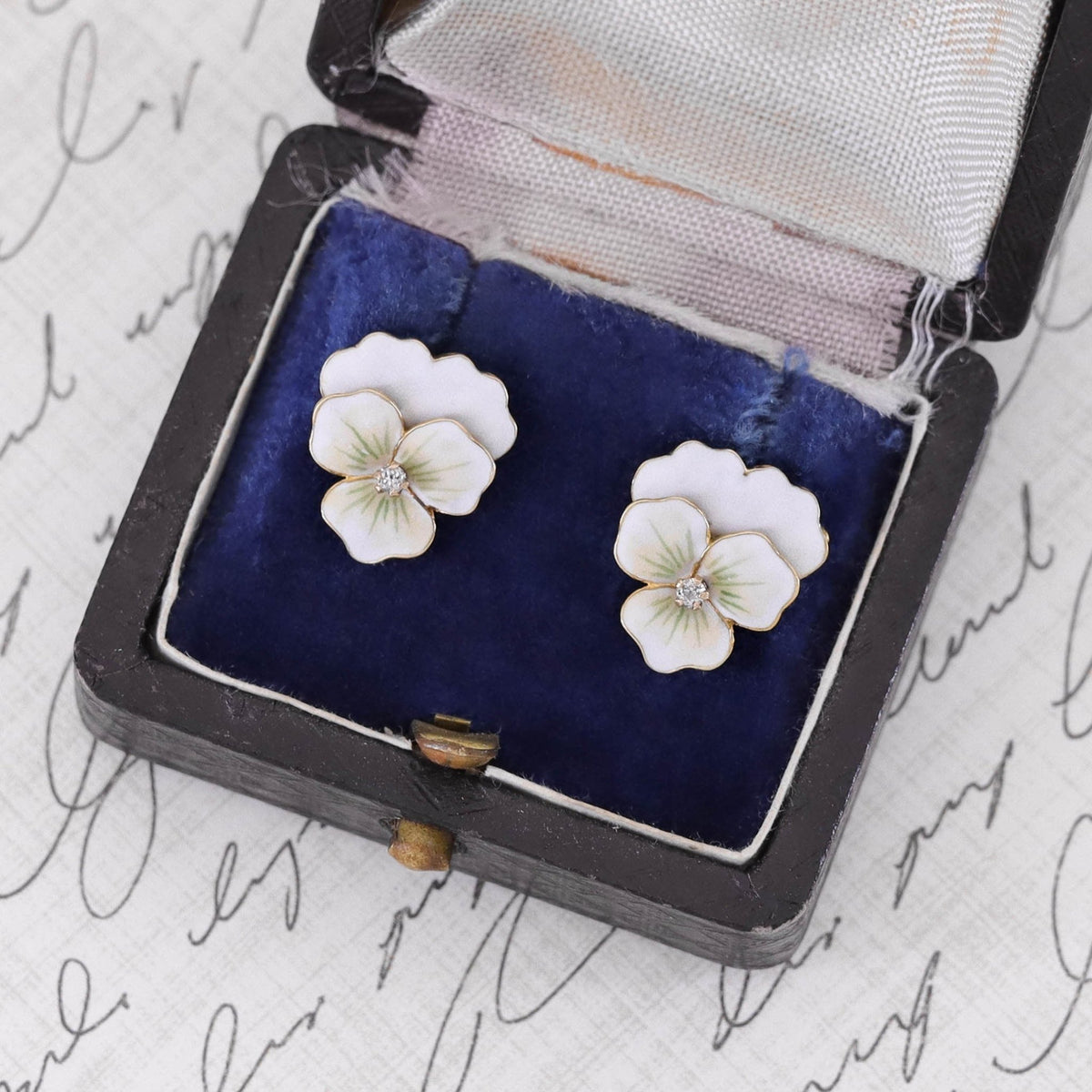 Antique White Enamel Pansy Earrings of 14k Gold - Trademark Antiques