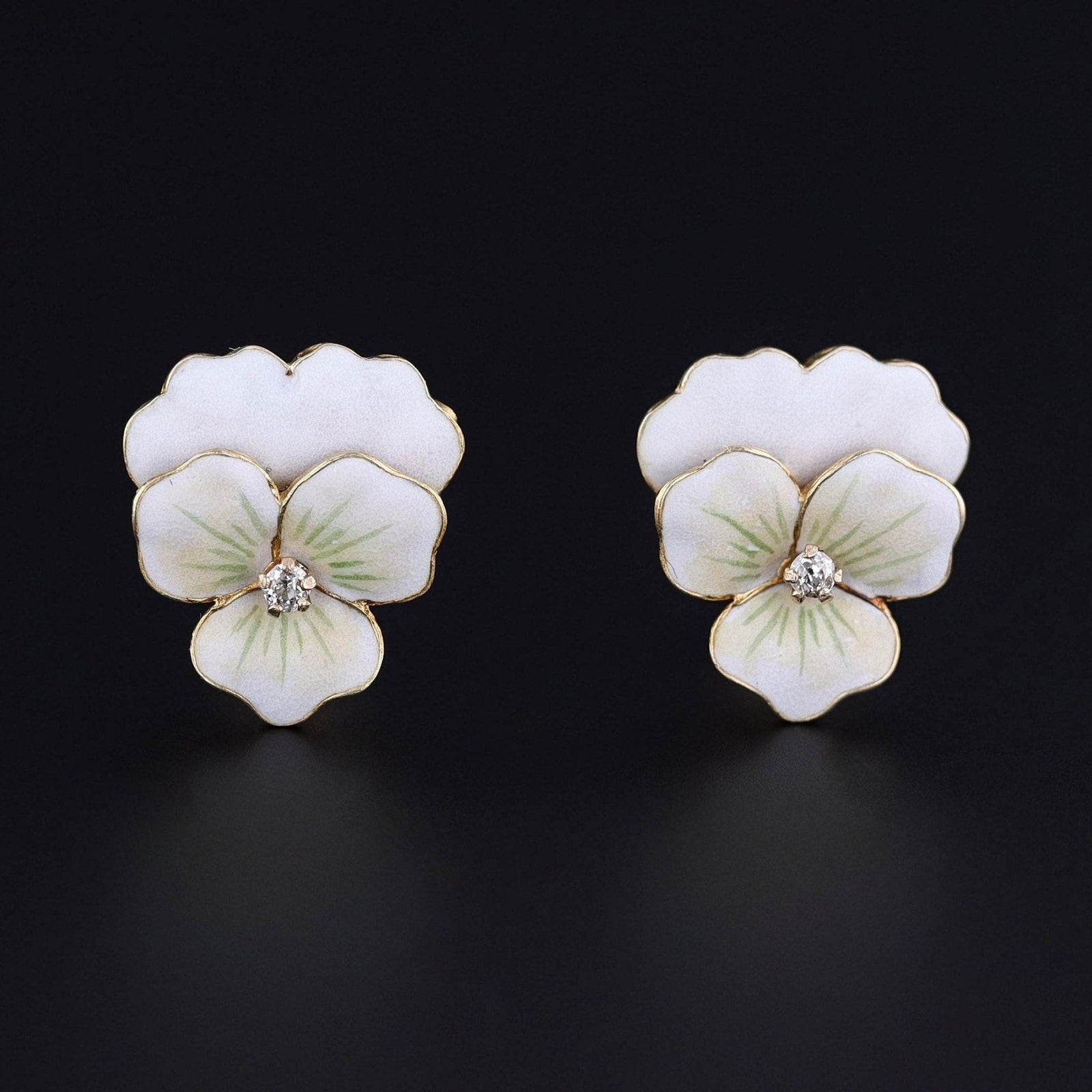 Antique White Enamel Pansy Earrings of 14k Gold - Trademark Antiques