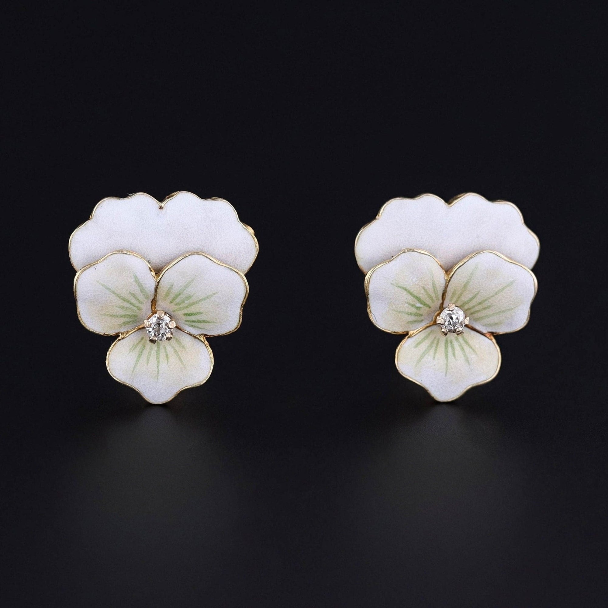 Antique White Enamel Pansy Earrings of 14k Gold - Trademark Antiques