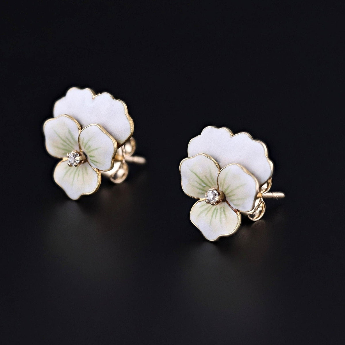 Antique White Enamel Pansy Earrings of 14k Gold - Trademark Antiques