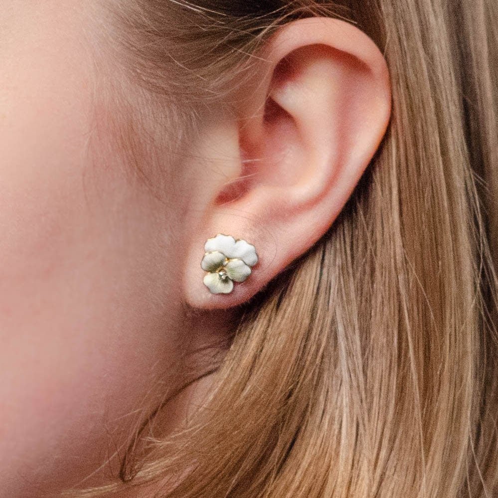 Antique White Enamel Pansy Earrings of 14k Gold - Trademark Antiques