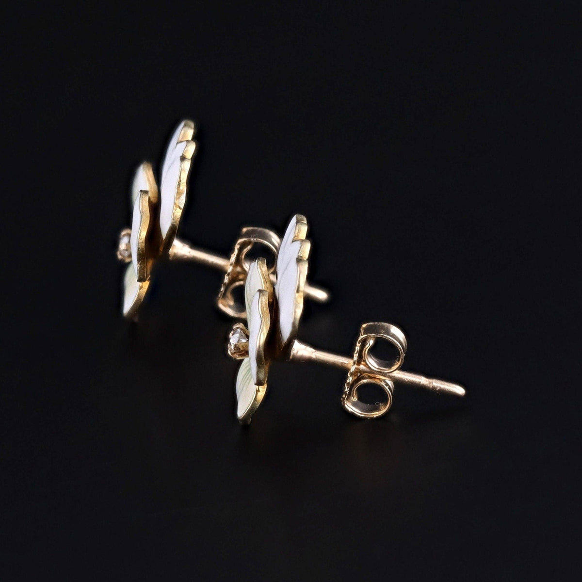 Antique White Enamel Pansy Earrings of 14k Gold - Trademark Antiques
