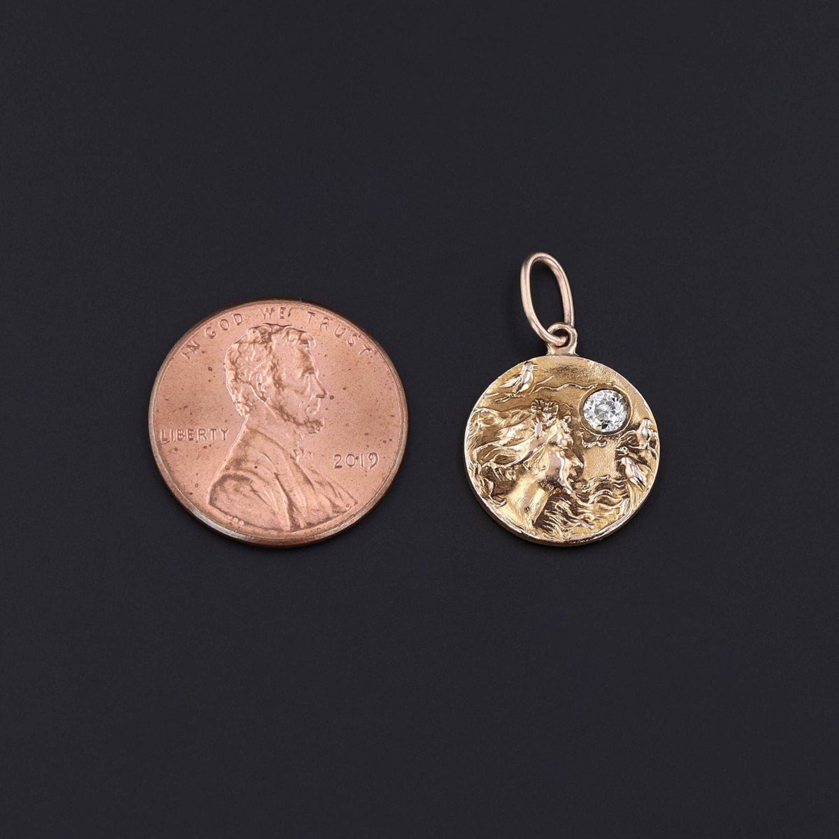 Antique Woman with Birds Charm of 14k Gold with a Diamond Accent - Trademark Antiques