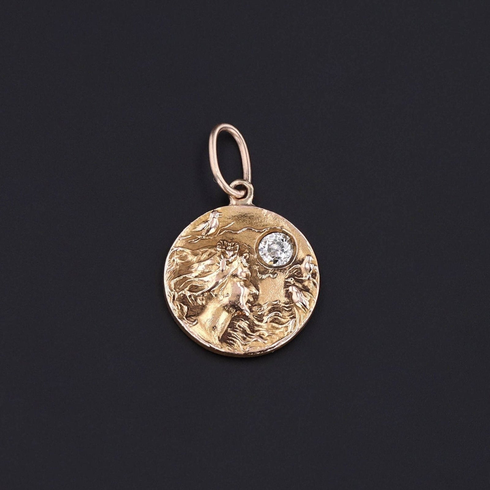 Antique Woman with Birds Charm of 14k Gold with a Diamond Accent - Trademark Antiques