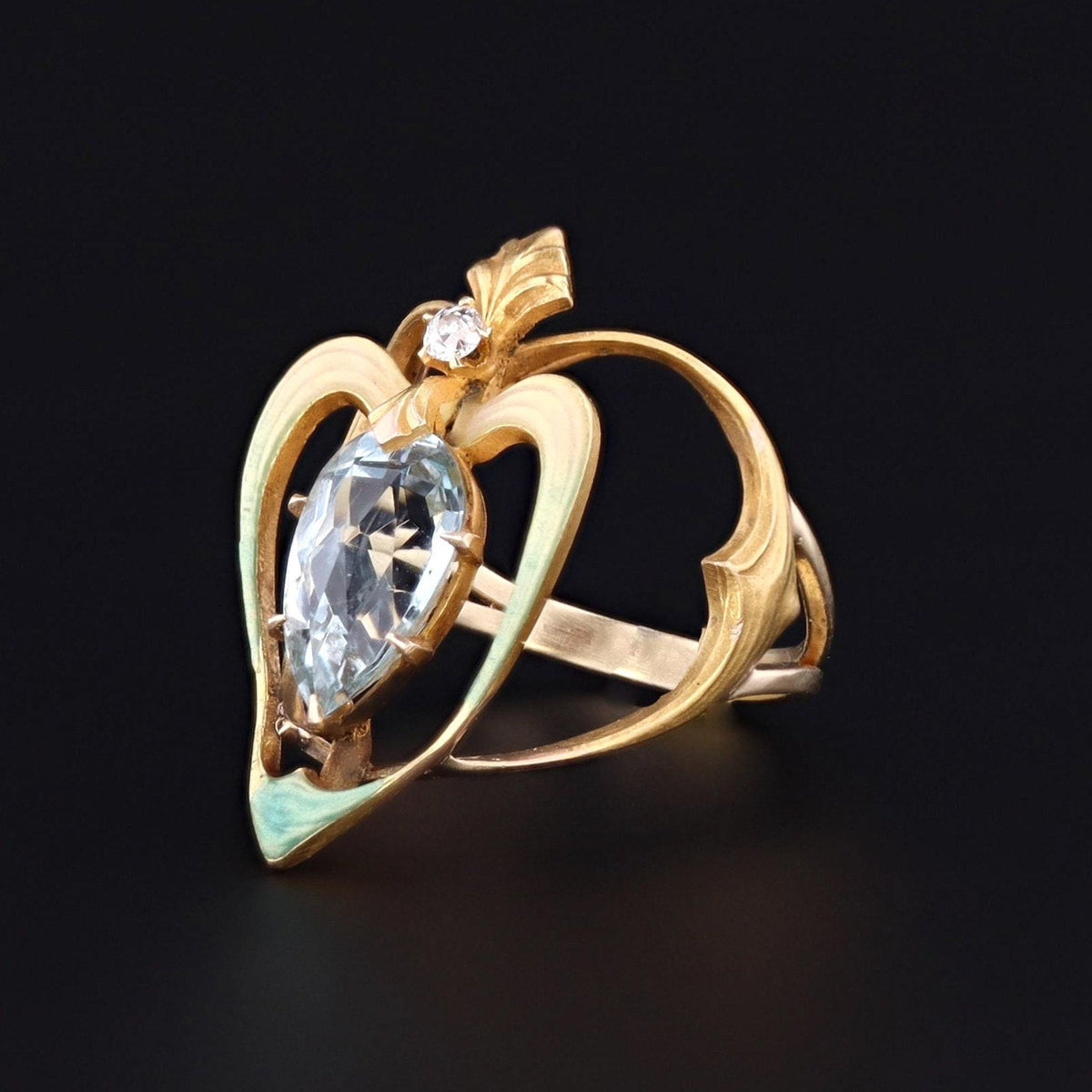 Aqua and Enamel Heart Ring | 14k Gold Ring - Trademark Antiques