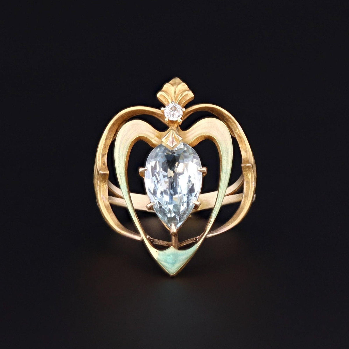Aqua and Enamel Heart Ring | 14k Gold Ring - Trademark Antiques