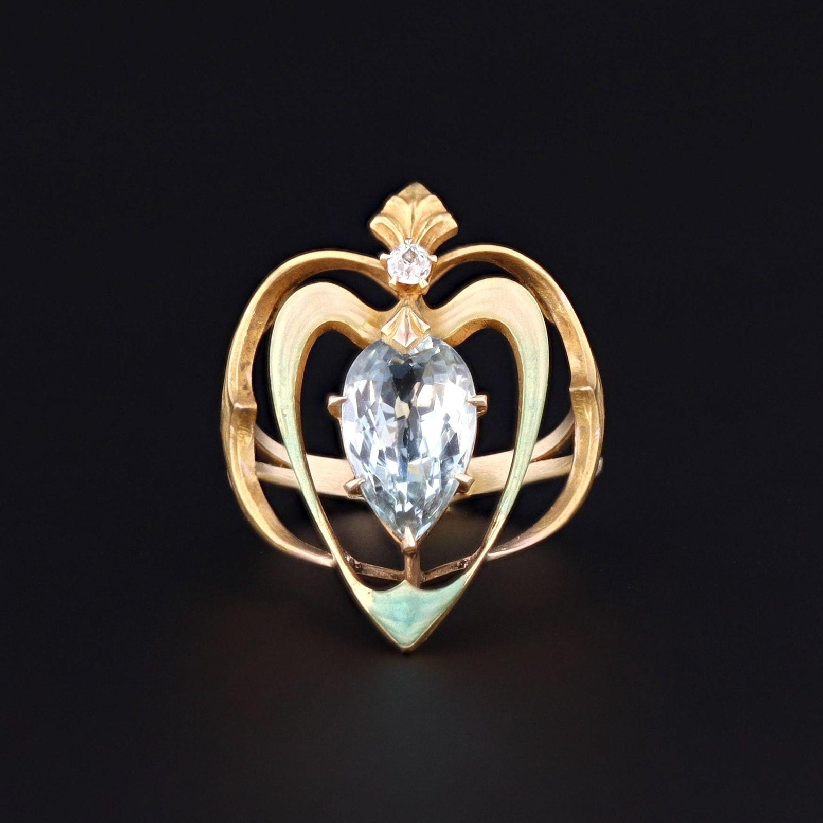 Aqua and Enamel Heart Ring | 14k Gold Ring - Trademark Antiques