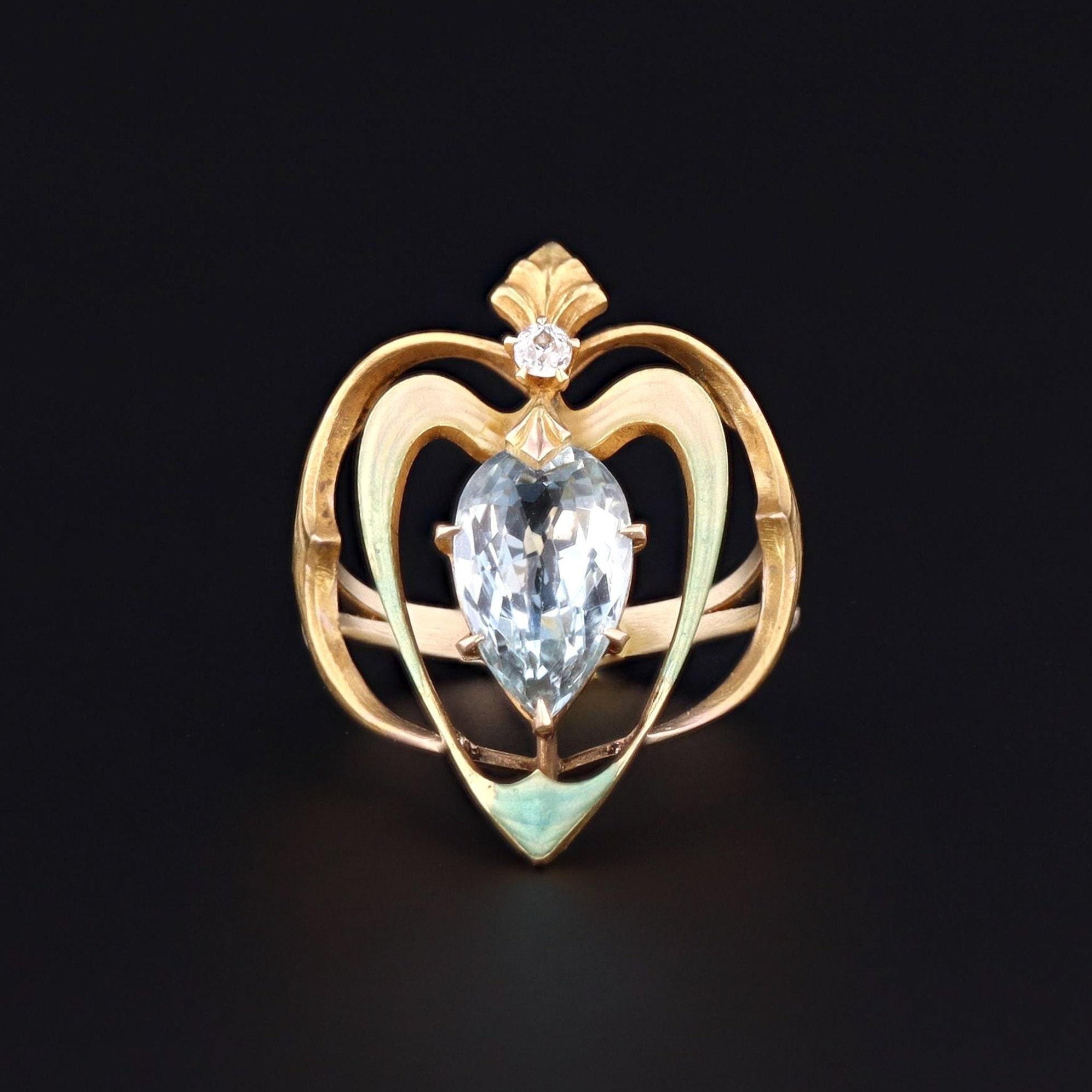 Aqua and Enamel Heart Ring | 14k Gold Ring - Trademark Antiques