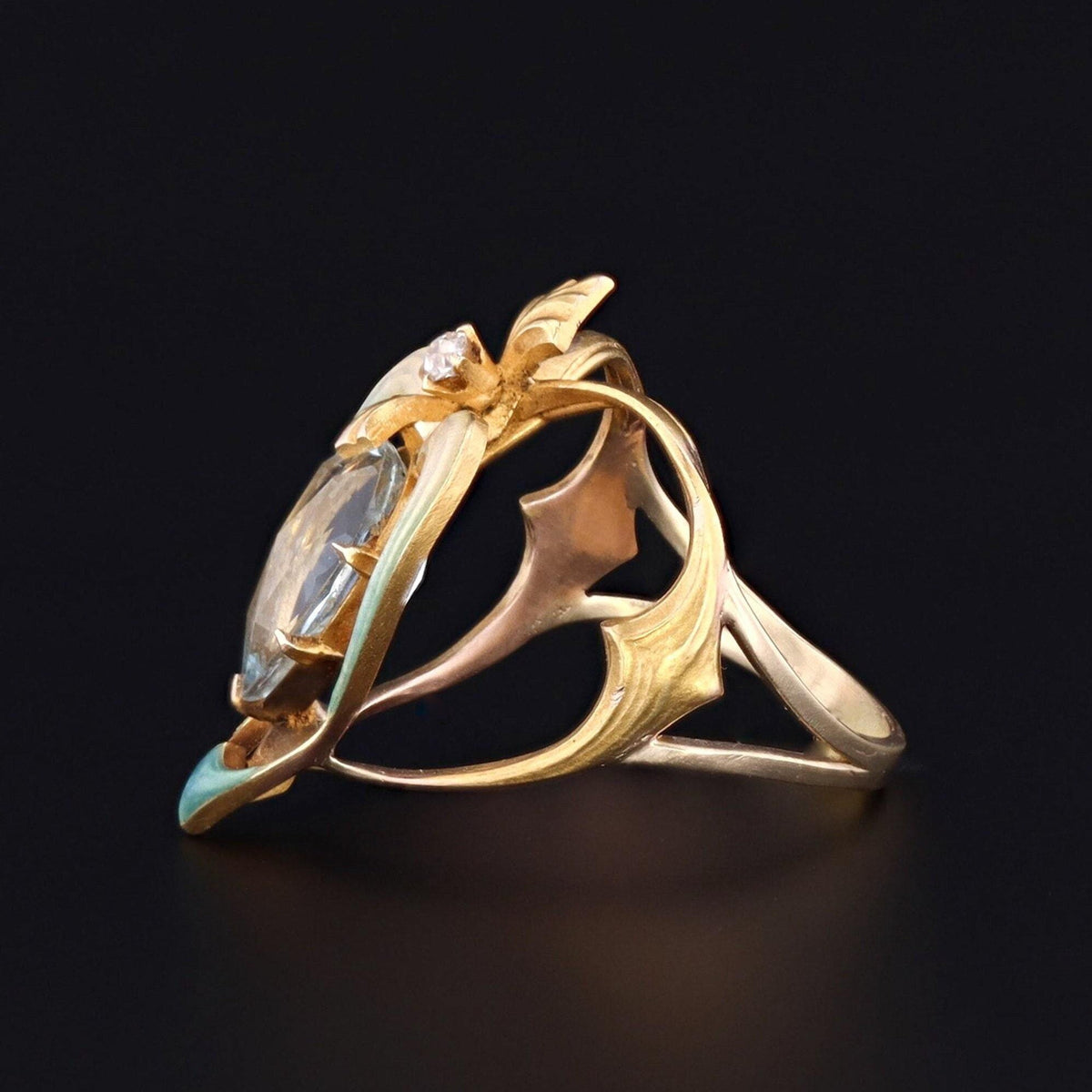 Aqua and Enamel Heart Ring | 14k Gold Ring - Trademark Antiques