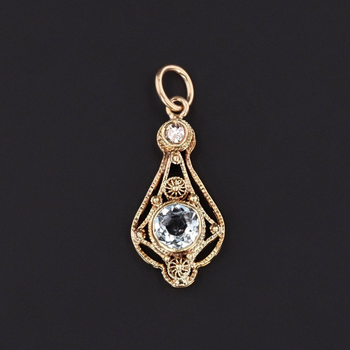 Aquamarine &amp; Diamond Charm | 14k Gold Filigree Charm - Trademark Antiques