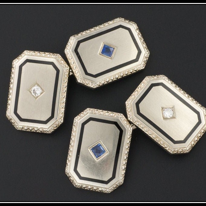 Art Deco 14k White Gold Enamel & Diamond Cufflinks - Trademark Antiques