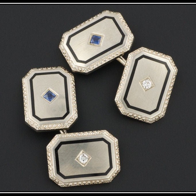 Art Deco 14k White Gold Enamel &amp; Diamond Cufflinks - Trademark Antiques
