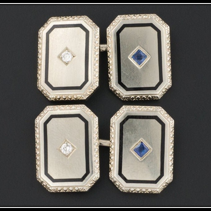 Art Deco 14k White Gold Enamel &amp; Diamond Cufflinks - Trademark Antiques