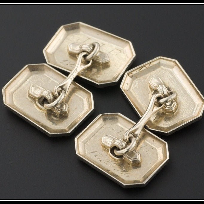 Art Deco 14k White Gold Enamel &amp; Diamond Cufflinks - Trademark Antiques