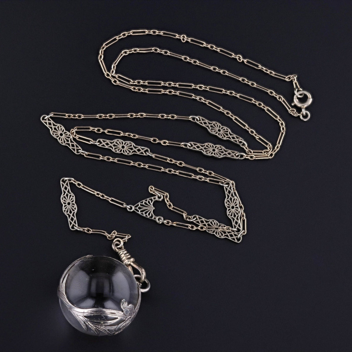 Art Deco 14k White Gold Filigree Chain with Optional Pools of Light Orb - Trademark Antiques