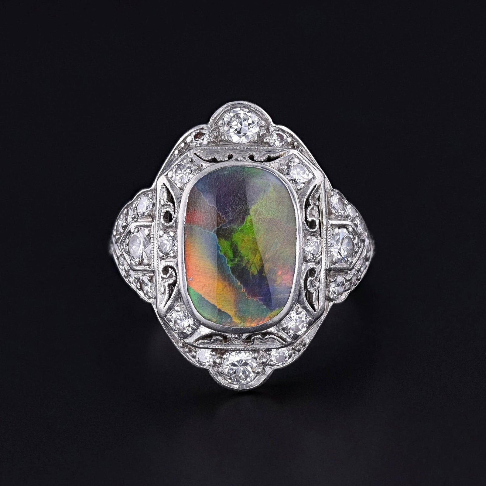Art Deco Black Opal Ring of Platinum - Trademark Antiques