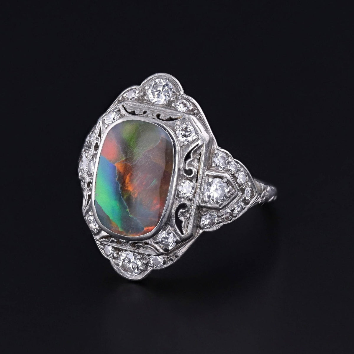 Art Deco Black Opal Ring of Platinum - Trademark Antiques