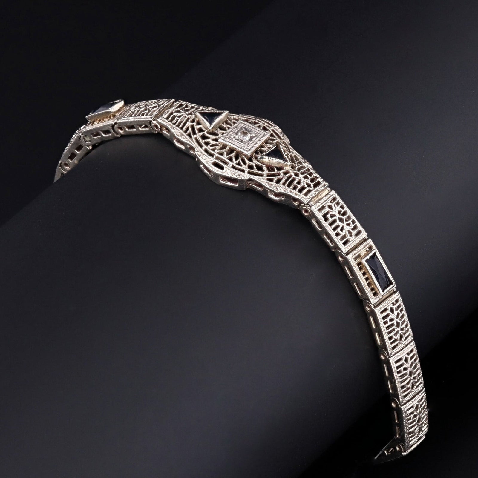 Art Deco Bracelet | 10k White Gold Diamond Filigree Bracelet - Trademark Antiques