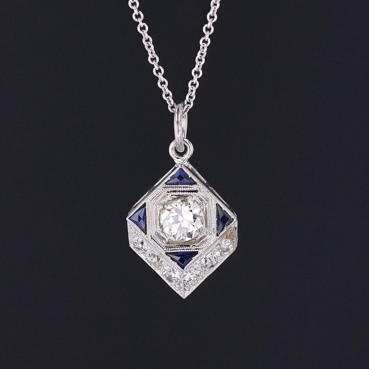 Art Deco Diamond and Sapphire Pendant | Stick Pin Conversion Pendant - Trademark Antiques
