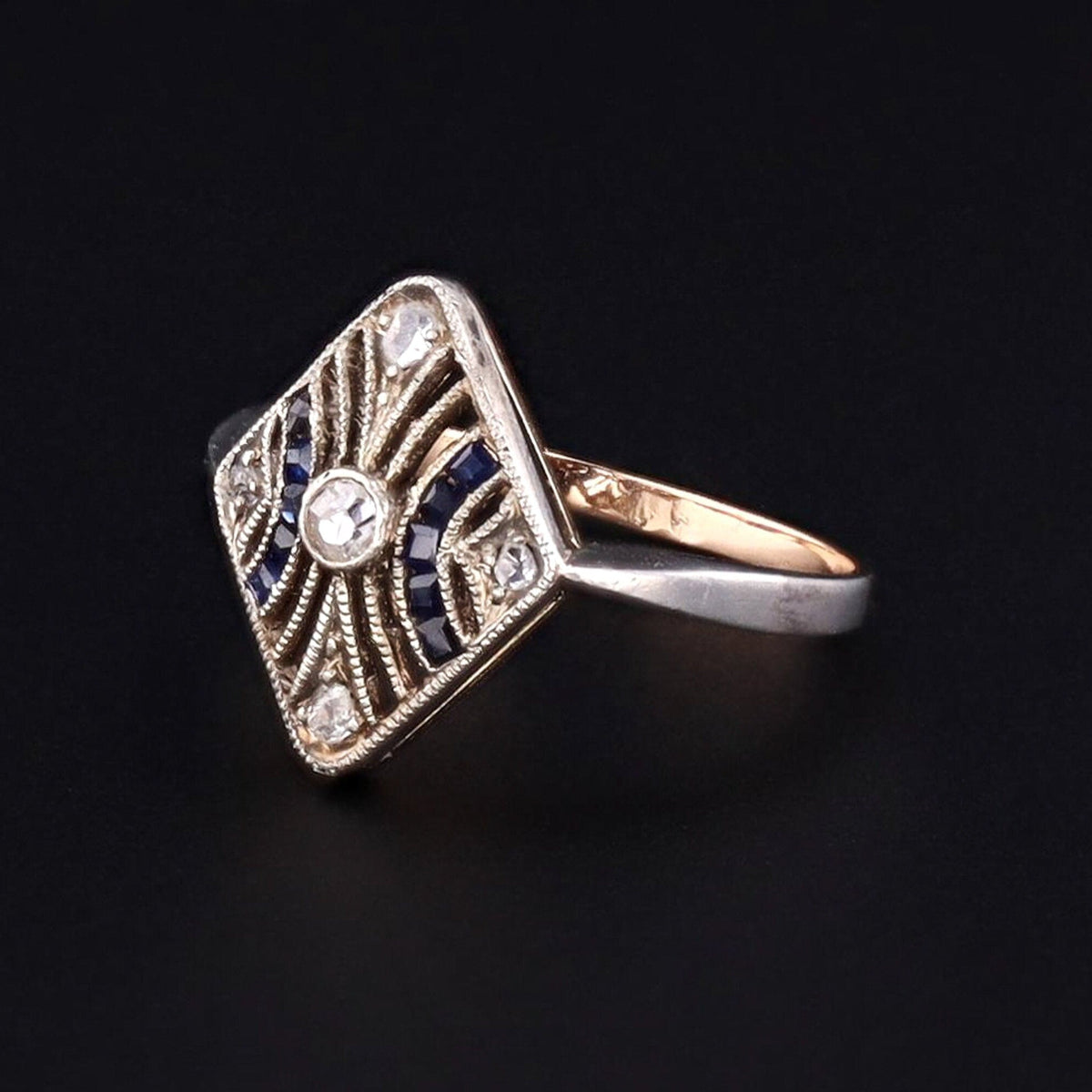 Art Deco Diamond and Sapphire Ring of 14k White Gold - Trademark Antiques
