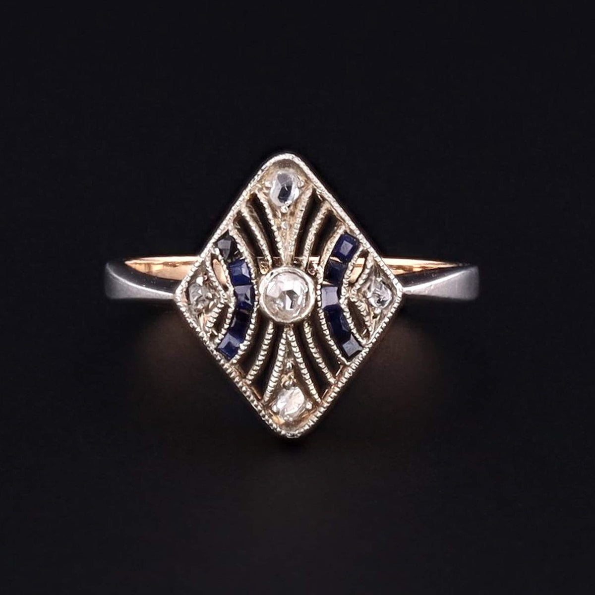 Art Deco Diamond and Sapphire Ring of 14k White Gold - Trademark Antiques