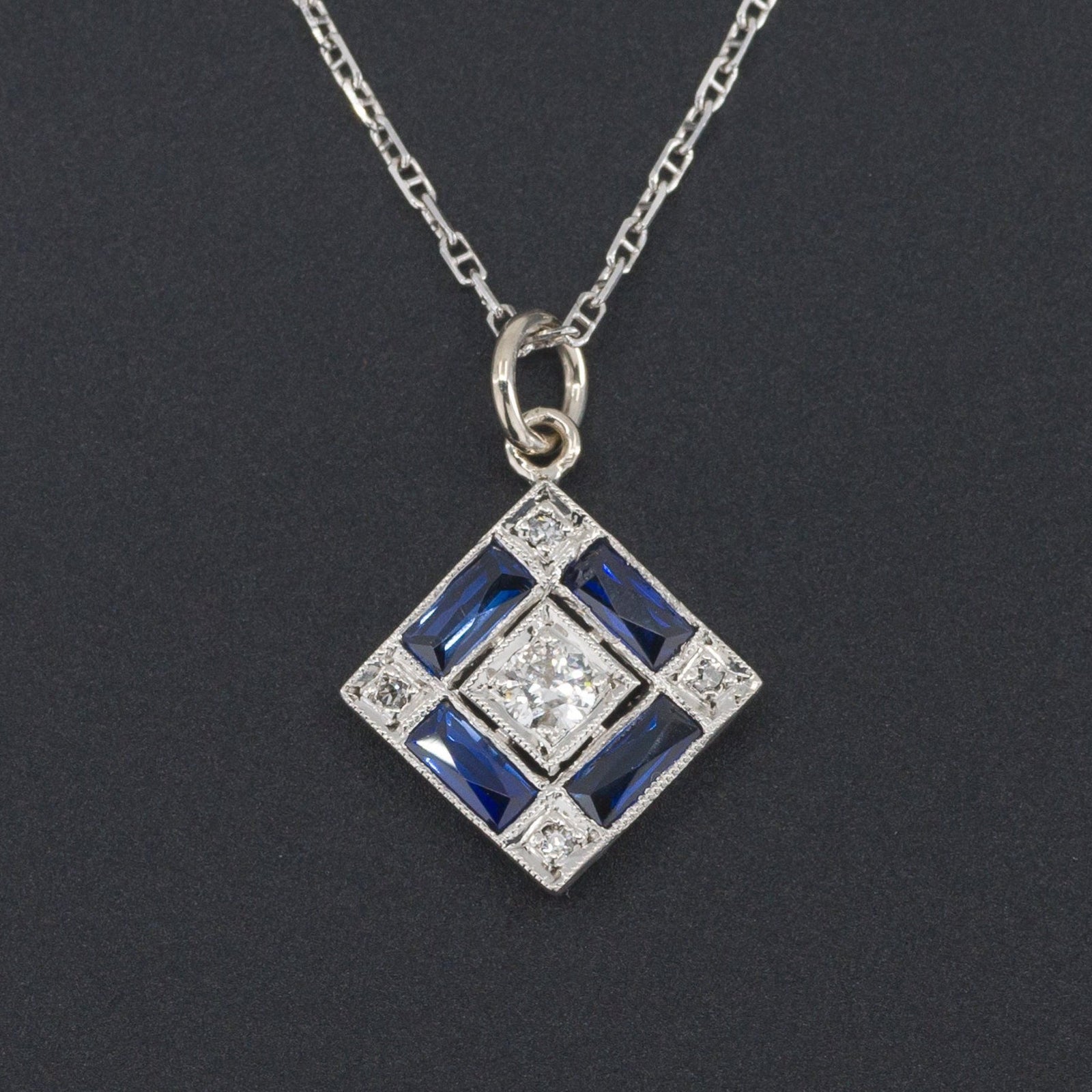 Art Deco Diamond Pendant with Synthetic Sapphires | Stick Pin Conversion Pendant - Trademark Antiques