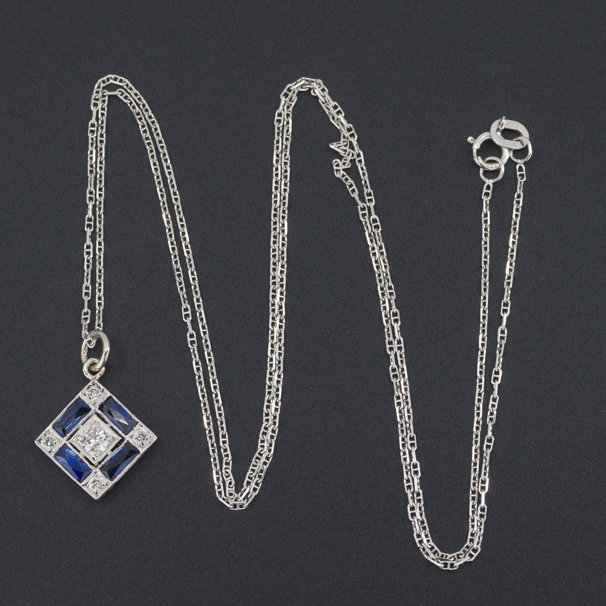 Art Deco Diamond Pendant with Synthetic Sapphires | Stick Pin Conversion Pendant - Trademark Antiques