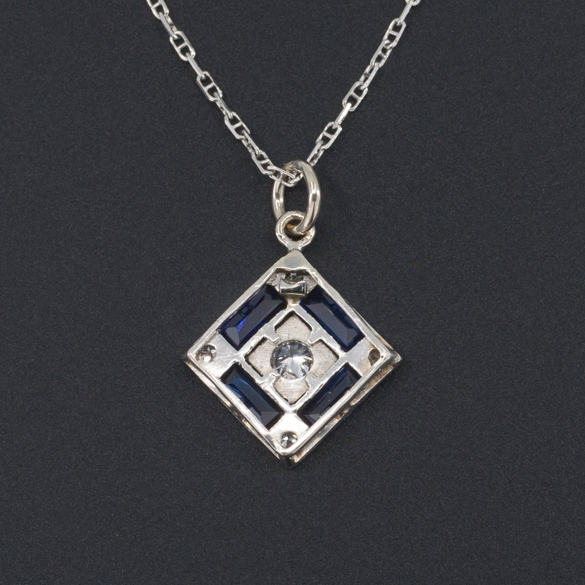 Art Deco Diamond Pendant with Synthetic Sapphires | Stick Pin Conversion Pendant - Trademark Antiques