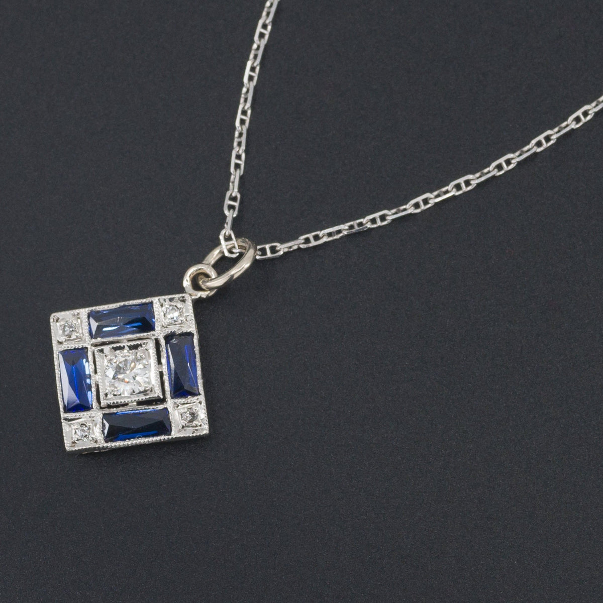 Art Deco Diamond Pendant with Synthetic Sapphires | Stick Pin Conversion Pendant - Trademark Antiques