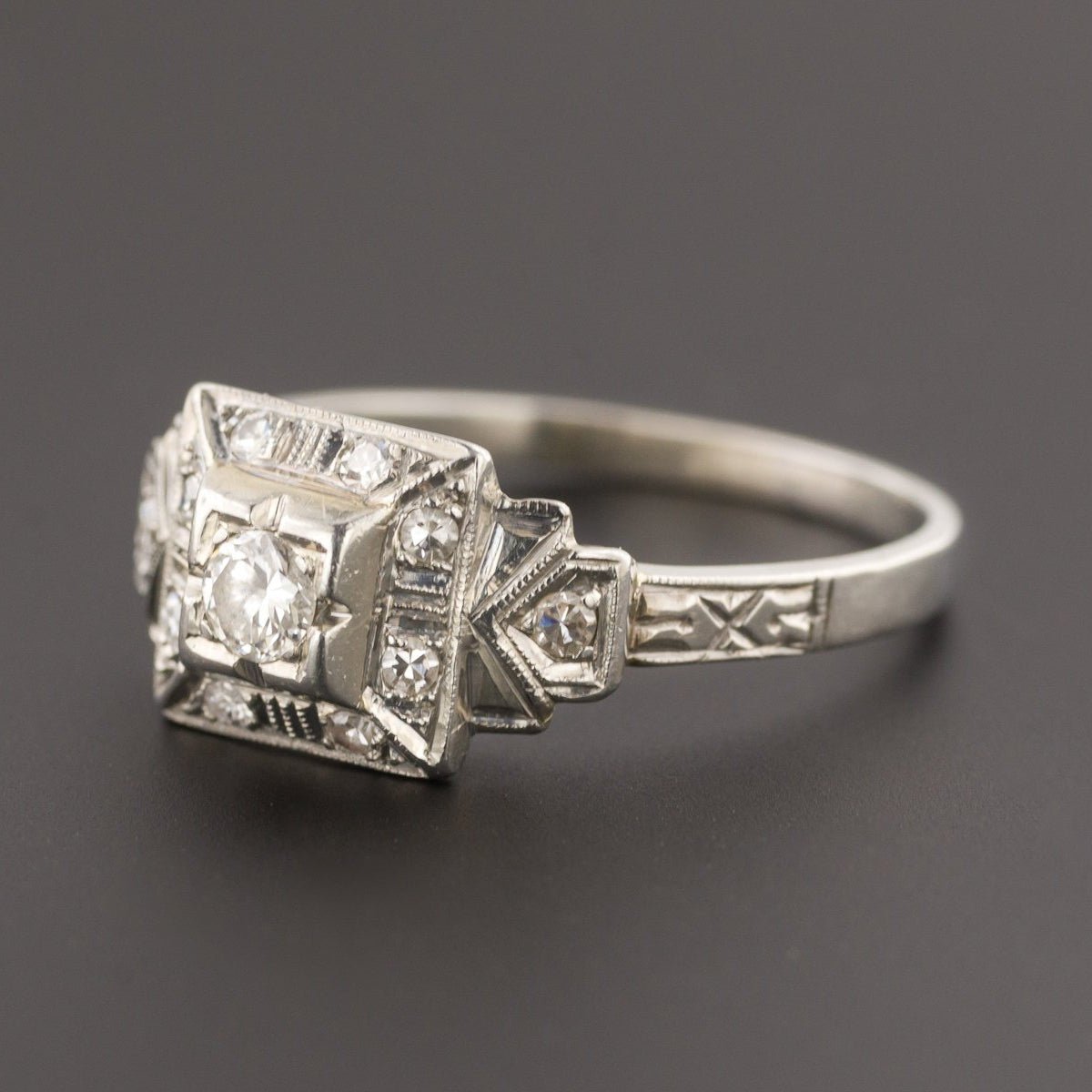 Art Deco Diamond Ring | 18k White Gold Ring - Trademark Antiques